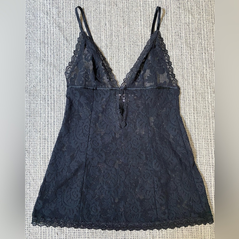 Vtg Y2K Victoria's Secret Black Lace Keyhole Front Plunge Full Length Tank - Picture 2 of 9